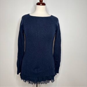 Garnet Hill 100% cashmere Navy Blue Sweater with Lace Hem